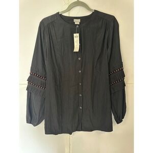 Chico's Black Beaded Ruffle Sleeve Button Down Top Blouse Size 1 US 8